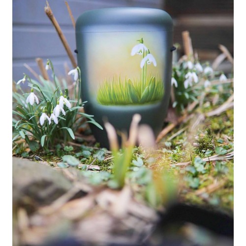 Hand Painted Biodegradable Cremation Ashes Funeral Urn / Casket - Snowdrop Flowers